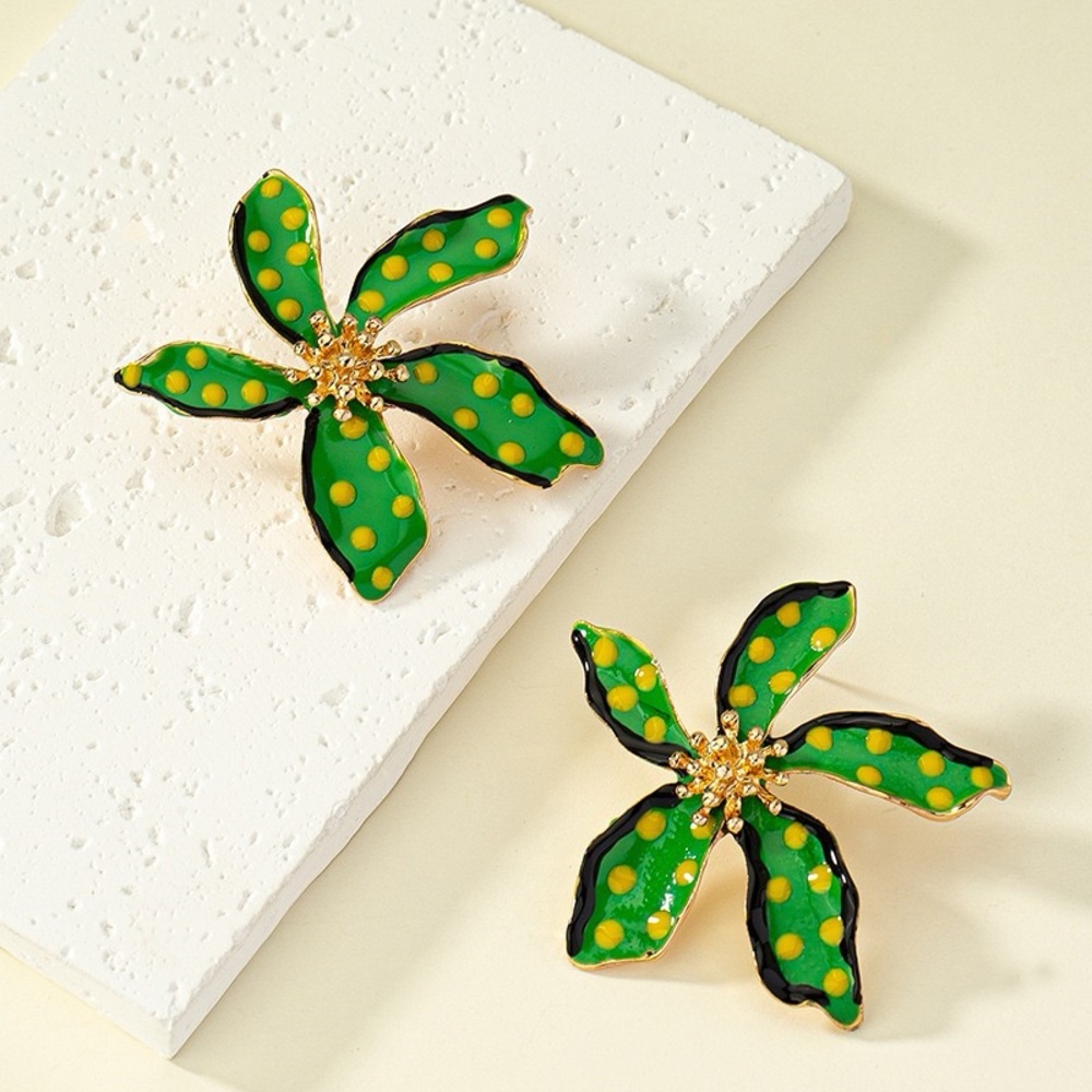 Anthropologie Green and Yellow Polka Dot Flower Earrings